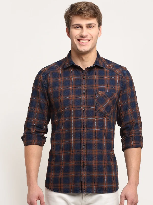 Men's lightweight shirt-Men's sustainable athletic t-shirt-Men Cotton Checkered Brown Full Sleeve Casual Shirt for Men with Pocket