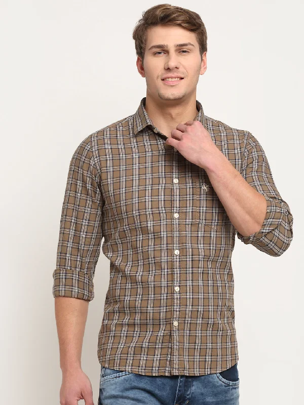 Men's cool shirt-Men's organic athletic t-shirt-Men Cotton Checkered Brown Full Sleeve Casual Shirt for Men with Pocket