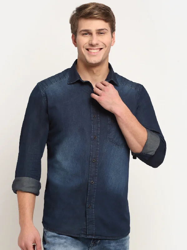 Men's regular fit shirt-Men's workout-ready athletic t-shirt-Men Cotton Solid Dark Blue Full Sleeve Casual Shirt for Men with Pocket