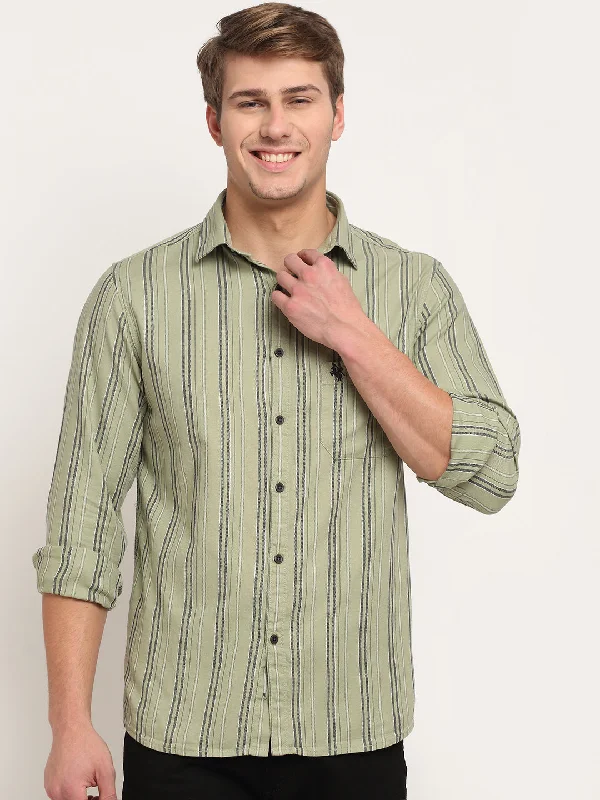 Men's retro shirt-Men's fashion-forward activewear t-shirt-Men Cotton Striped Green Full Sleeve Casual Shirt for Men with Pocket