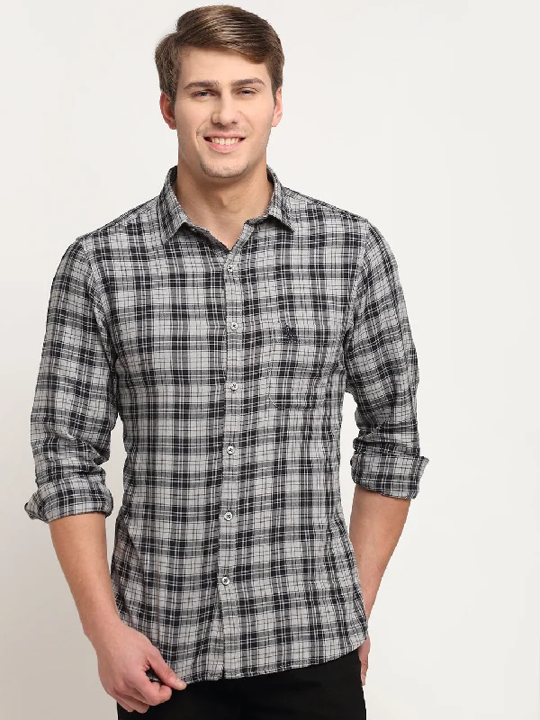 Men's vintage shirt-Men's eco-friendly gym t-shirt-Men Cotton Checkered Grey Melange Full Sleeve Casual Shirt for Men with Pocket