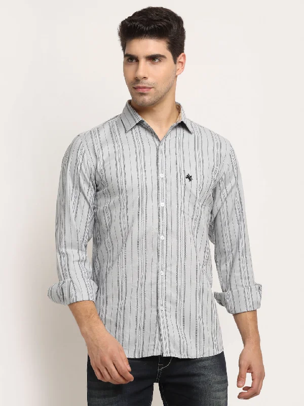 Men's office shirt-Men's sustainable athletic t-shirt-Men Cotton Striped Grey Full Sleeve Casual Shirt for Men with Pocket