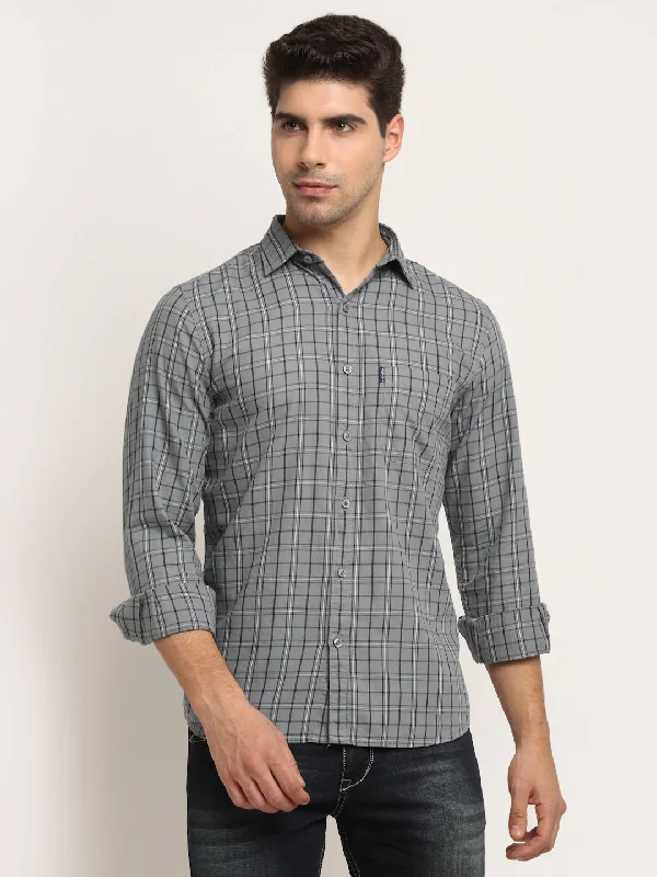 Men's camping shirt-Men's casual athletic wear t-shirt-Men Cotton Checkered Grey Full Sleeve Casual Shirt for Men with Pocket