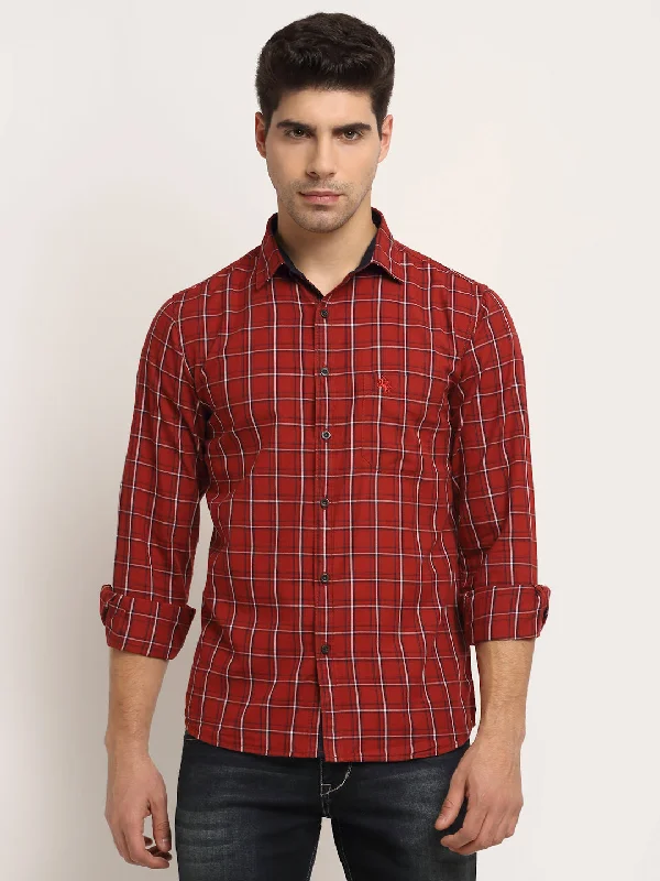 Men's hunting shirt-Men's durable sports t-shirt-Men Cotton Checkered Maroon Full Sleeve Casual Shirt for Men with Pocket