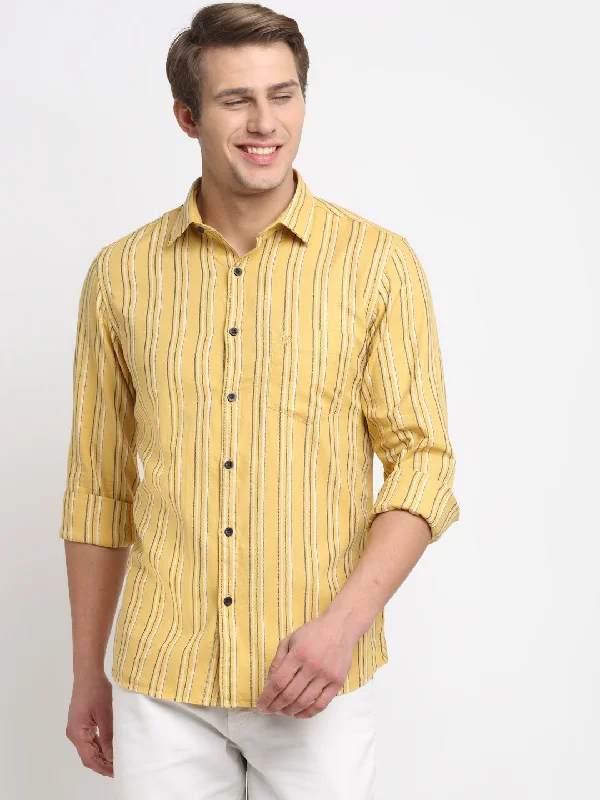 Men's oxford shirt-Men's lightweight athletic wear t-shirt-Men Cotton Striped Mustard Full Sleeve Casual Shirt for Men with Pocket