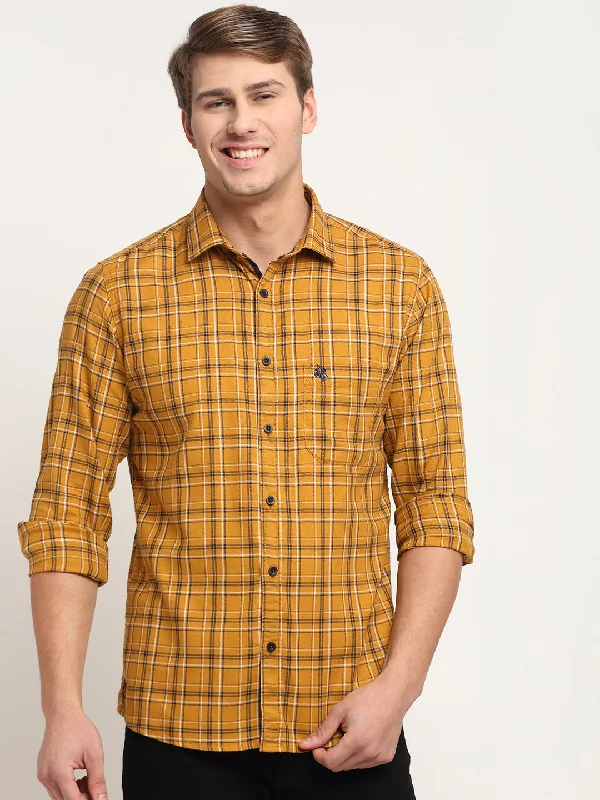 Men's oversized shirt-Men's durable sports t-shirt-Cotton Checkered Mustard Full Sleeve Casual Shirt for Men with Pocket