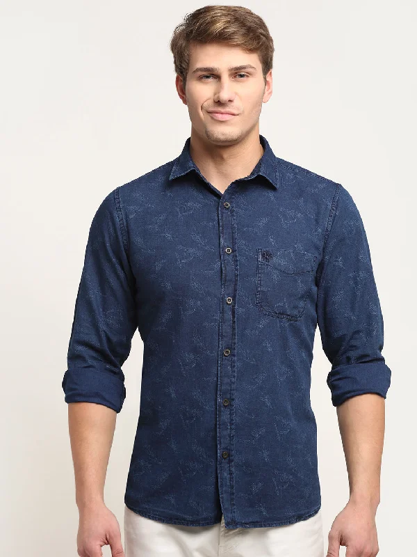 Men's trendy shirt-Men's high-performance workout t-shirt-Men Cotton Printed Navy Blue Full Sleeve Casual Shirt for Men with Pocket