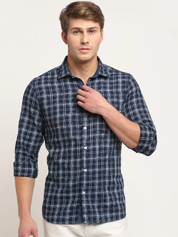 Men's loose fit shirt-Men's comfortable exercise t-shirt-Men Cotton Checkered Navy Blue Full Sleeve Casual Shirt for Men with Pocket