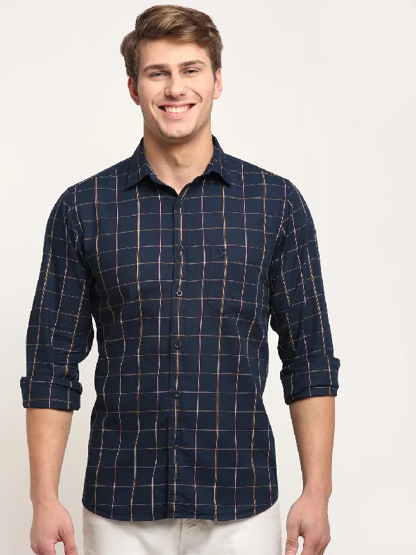 Men's fitted shirt-Men's breathable performance t-shirt-Men Cotton Checkered Navy Blue Full Sleeve Casual Shirt for Men with Pocket