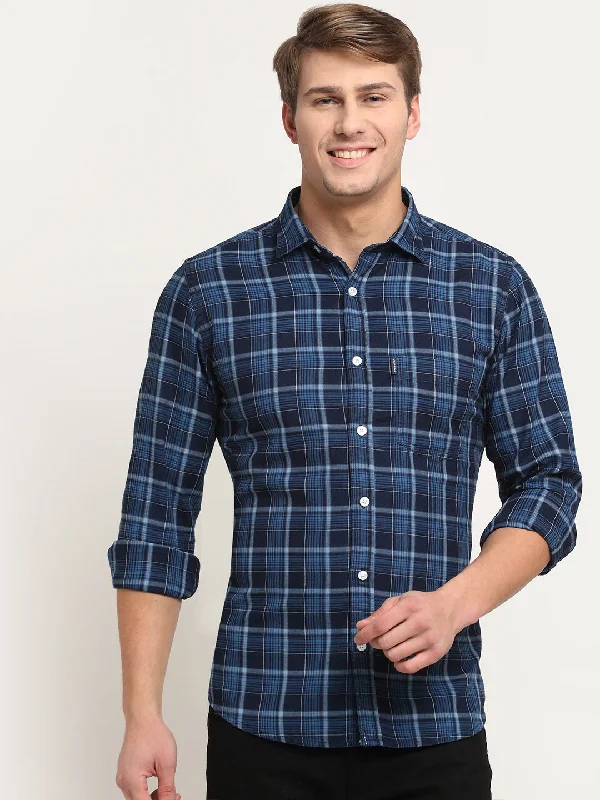 Men's wrinkle-free shirt-Men's ultra-breathable gym t-shirt-Cotton Checkered Navy Blue Full Sleeve Casual Shirt for Men with Pocket