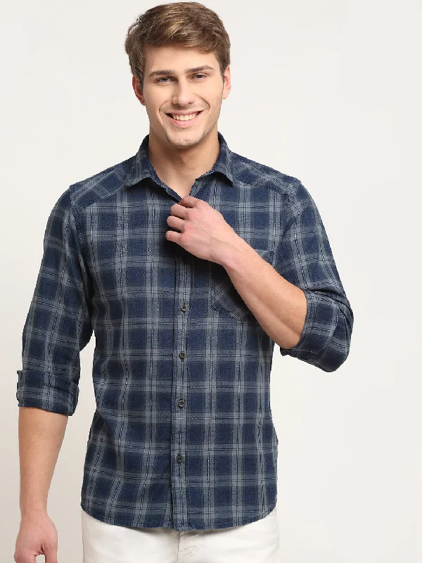 Men's heavyweight shirt-Men's tech fabric workout wear t-shirt-Men Cotton Checkered Navy Blue Full Sleeve Casual Shirt for Men with Pocket