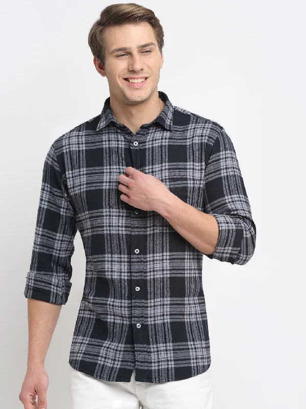 Men's polyester shirt-Men's premium workout t-shirt-Men Cotton Checkered Navy Full Sleeve Casual Shirt for Men with Pocket