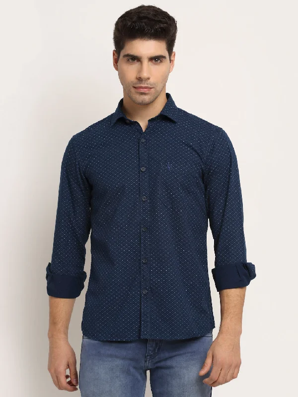 Men's work shirt-Men's summer fitness t-shirt-Men Cotton Printed Navy Blue Full Sleeve Casual Shirt for Men with Pocket