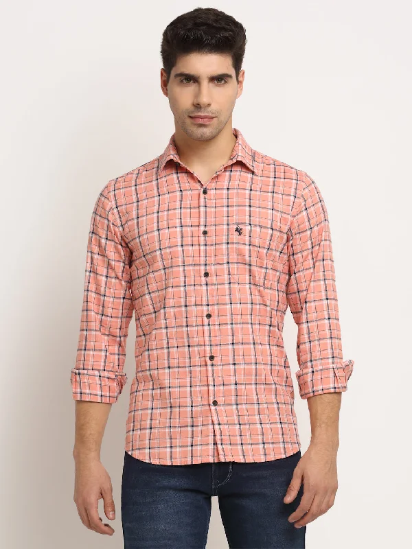 Men's hiking shirt-Men's breathable performance t-shirt-Men Cotton Checkered Pink Full Sleeve Casual Shirt for Men with Pocket