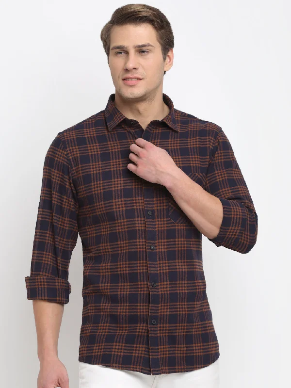 Men's athletic shirt-Men's quick-dry athletic t-shirt-Men Cotton Checkered Rust Full Sleeve Casual Shirt for Men with Pocket