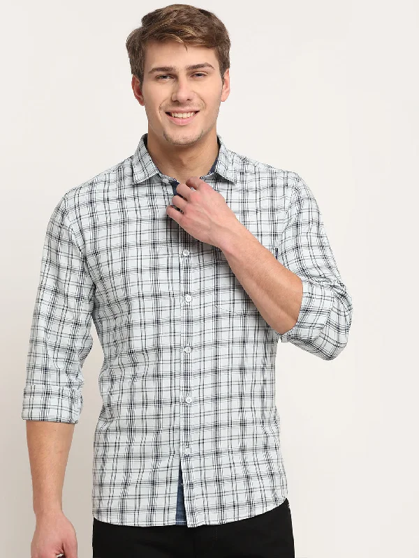 Men's tailored shirt-Men's casual athletic wear t-shirt-Men Cotton Checkered White Full Sleeve Casual Shirt for Men with Pocket