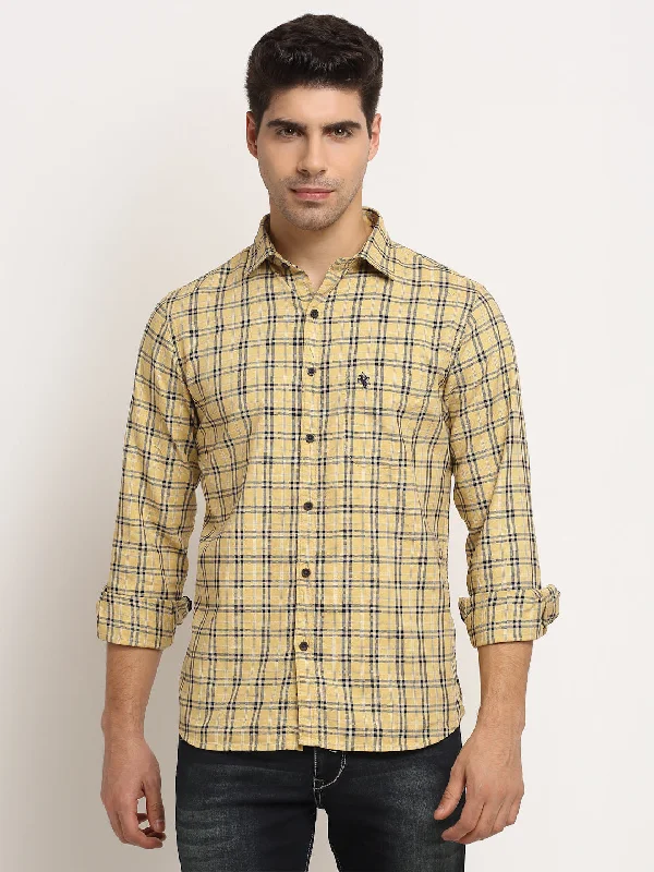 Men's smart casual shirt-Men's ultra-breathable gym t-shirt-Men Cotton Checkered Yellow Full Sleeve Casual Shirt for Men with Pocket