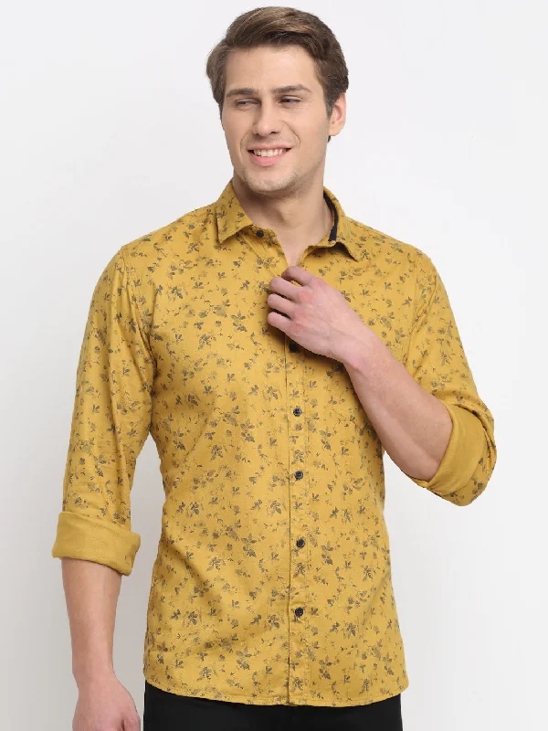 Men's linen shirt-Men's gym performance t-shirt-Men's Dark Yellow Casual Floral Print Full Sleeve Shirt