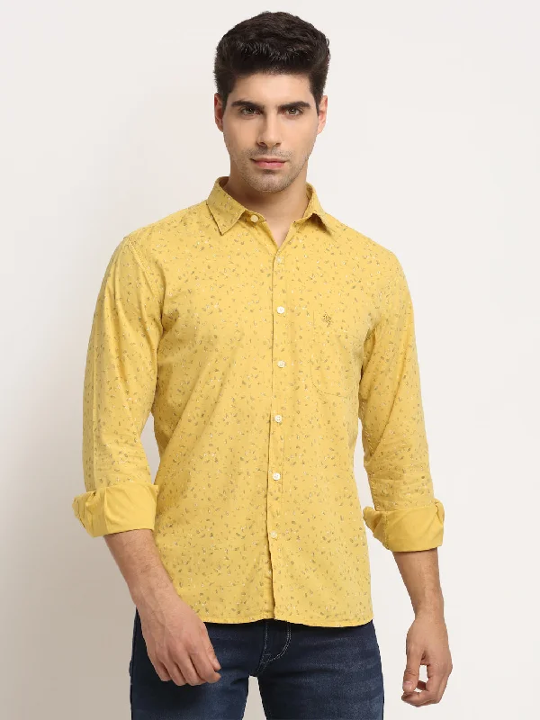 Men's utility shirt-Men's workout-ready athletic t-shirt-Men Cotton Printed Yellow Full Sleeve Casual Shirt for Men with Pocket