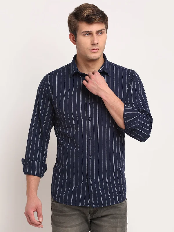 Men's adventure shirt-Men's fashion-forward activewear t-shirt-Men Cotton Striped Navy Blue Full Sleeve Casual Shirt for Men with Pocket