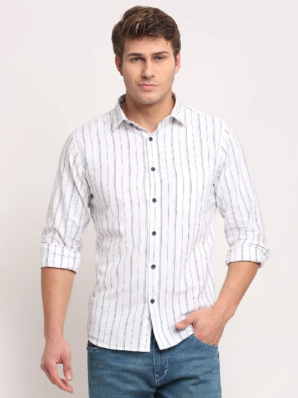 Men's travel shirt-Men's eco-friendly gym t-shirt-Men Cotton Striped White Full Sleeve Casual Shirt for Men with Pocket