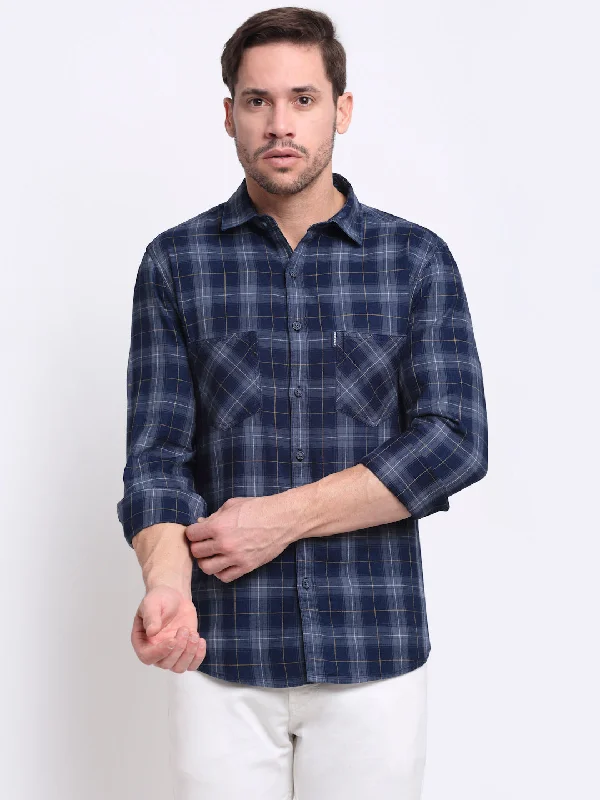 Men's fall shirt-Men's quick-dry athletic t-shirt-Men Cotton Checkered Blue Full Sleeve Casual Shirt for Men with Pocket