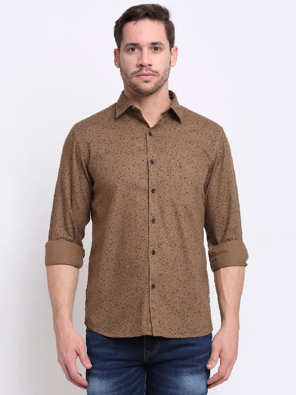 Men's winter shirt-Men's relaxed fit performance t-shirt-Men Cotton Printed Brown Full Sleeve Casual Shirt for Men with Pocket