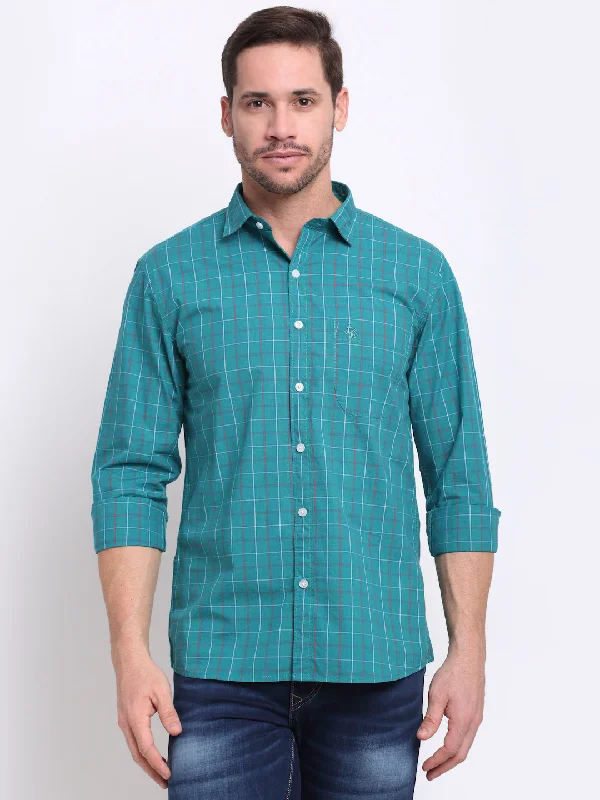 Men's seasonal shirt-Men's sporty exercise t-shirt-Men Cotton Checkered Green Full Sleeve Casual Shirt for Men with Pocket