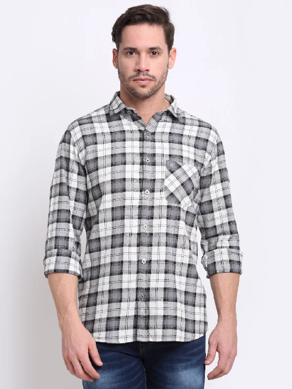 Men's spring shirt-Men's premium workout t-shirt-Men Cotton Checkered Grey Full Sleeve Casual Shirt for Men with Pocket